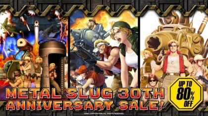 Art for the Metal Slug 30th Anniversary Sale, featuring character panels and vehicle designs from the classic arcade series with a prominent 'UP TO 80% OFF' graphic.