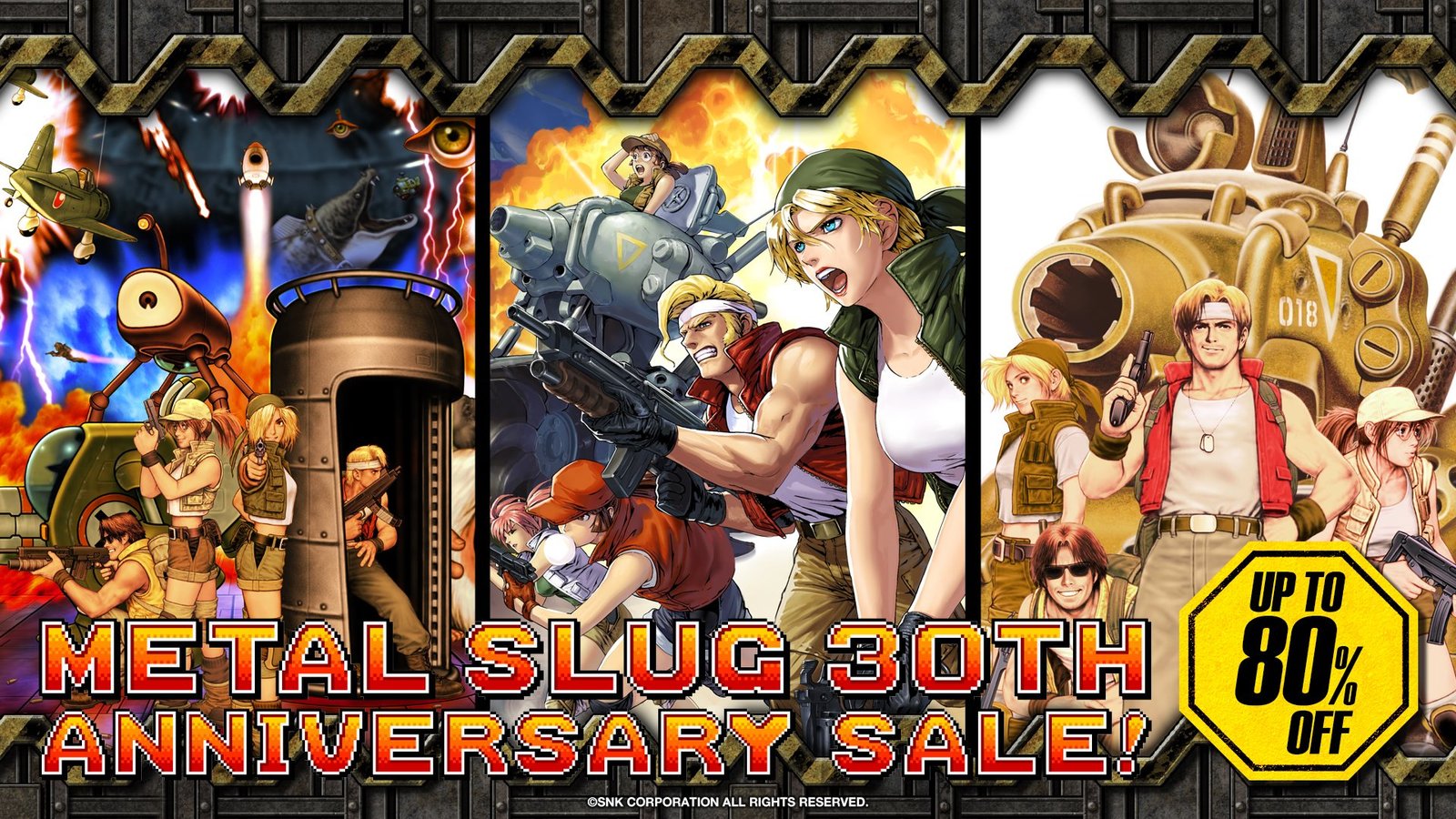 Art for the Metal Slug 30th Anniversary Sale, featuring character panels and vehicle designs from the classic arcade series with a prominent 'UP TO 80% OFF' graphic.