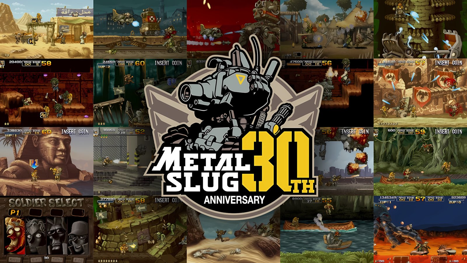 Metal Slug Mission Reboot featured image showing a collage of classic gameplay screenshots surrounding the official 30th-anniversary logo.