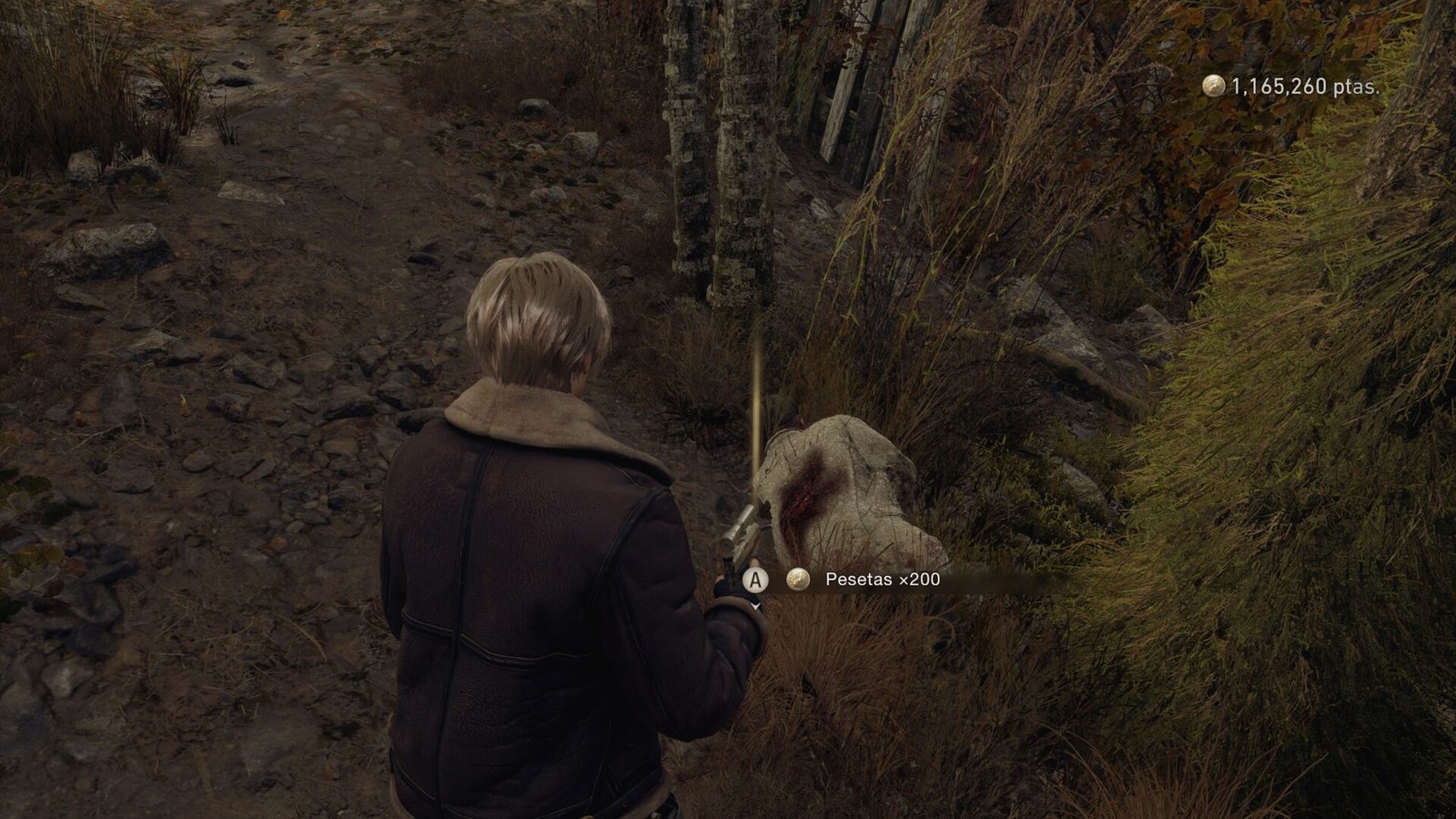 Leon Kennedy standing over a fallen enemy in Resident Evil 4 (2023), with a pillar of light indicating a drop of 200 Pesetas.