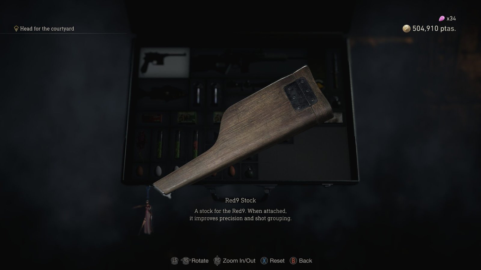 An in-game screenshot showing a detailed 3D model of a wooden Red9 Stock from Resident Evil 4 (2023), within an open Attache Case inventory screen.