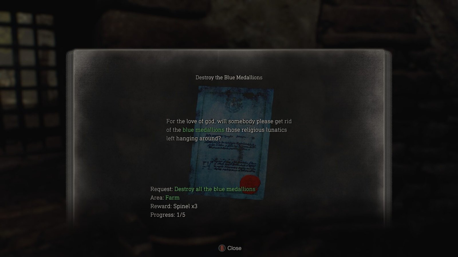 An in-game menu showing a Merchant Request document in Resident Evil 4 (2023). The blue note tasks the player with destroying blue medallions in the Farm area.
