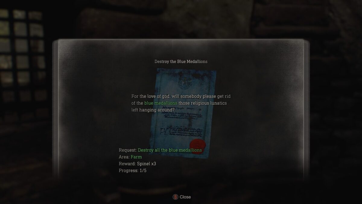 The detailed Blue Medallion request note as found in a Resident Evil 4 (2023) review side quest.