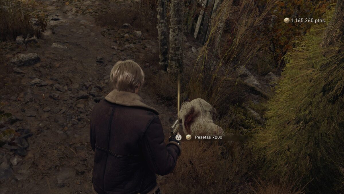 Third-person perspective of Leon looting in a Resident Evil 4 (2023) review scene.