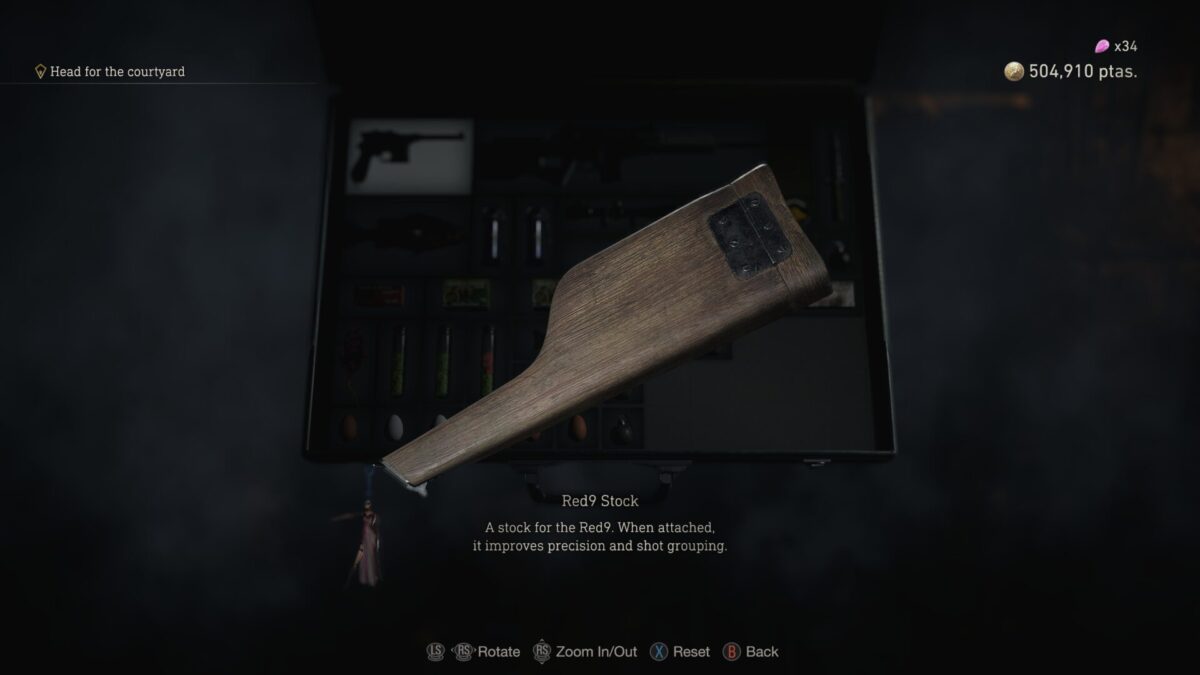 The Red9 Stock weapon attachment menu in a Resident Evil 4 (2023) review.