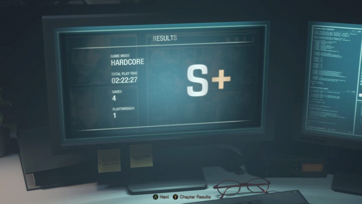 Results screen for an S+ hardcore run in a Resident Evil 4 (2023) review.