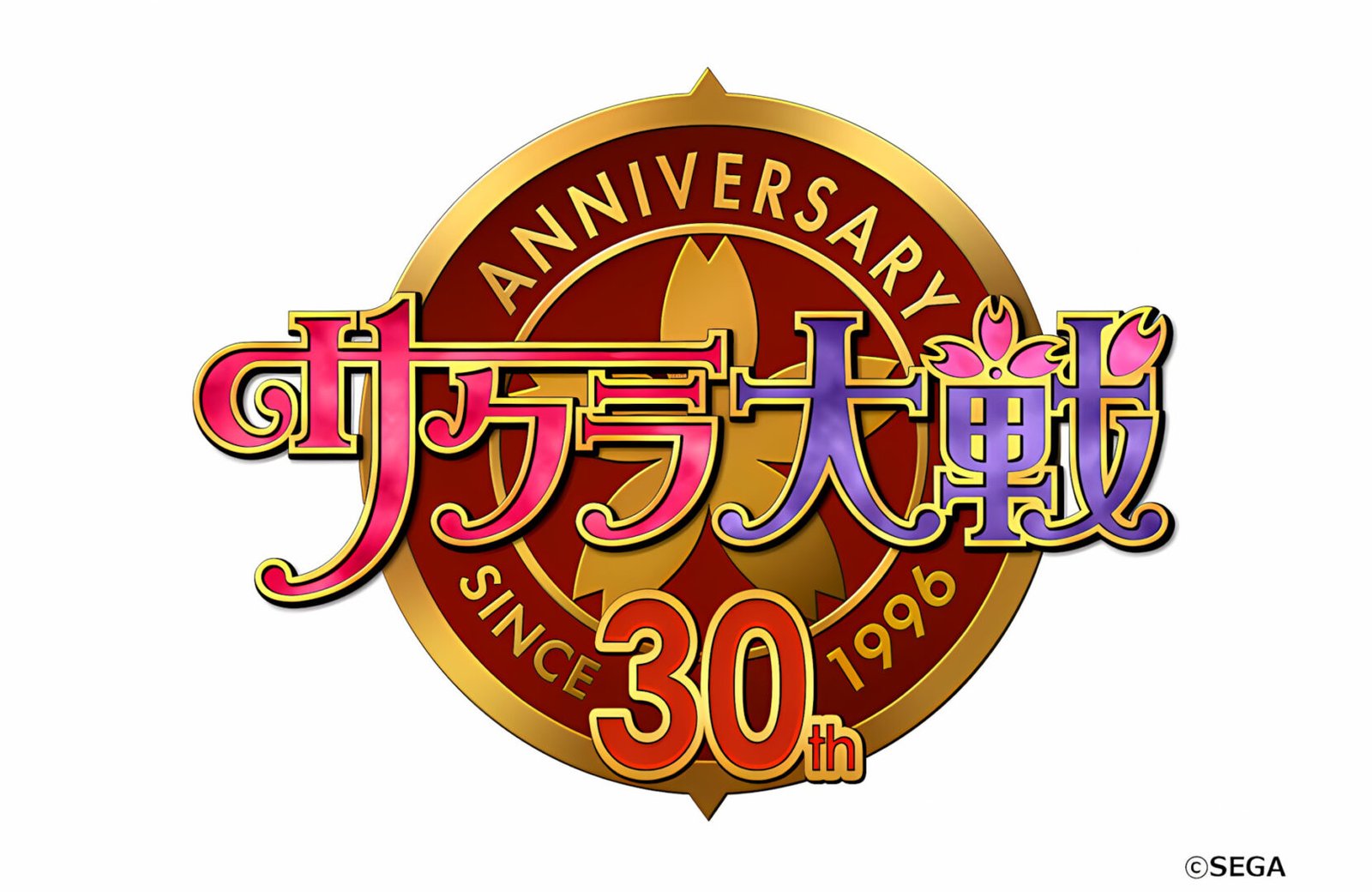 The official gold and red emblem for the Sakura Wars series 30th anniversary celebrating the franchise since its 1996 debut.