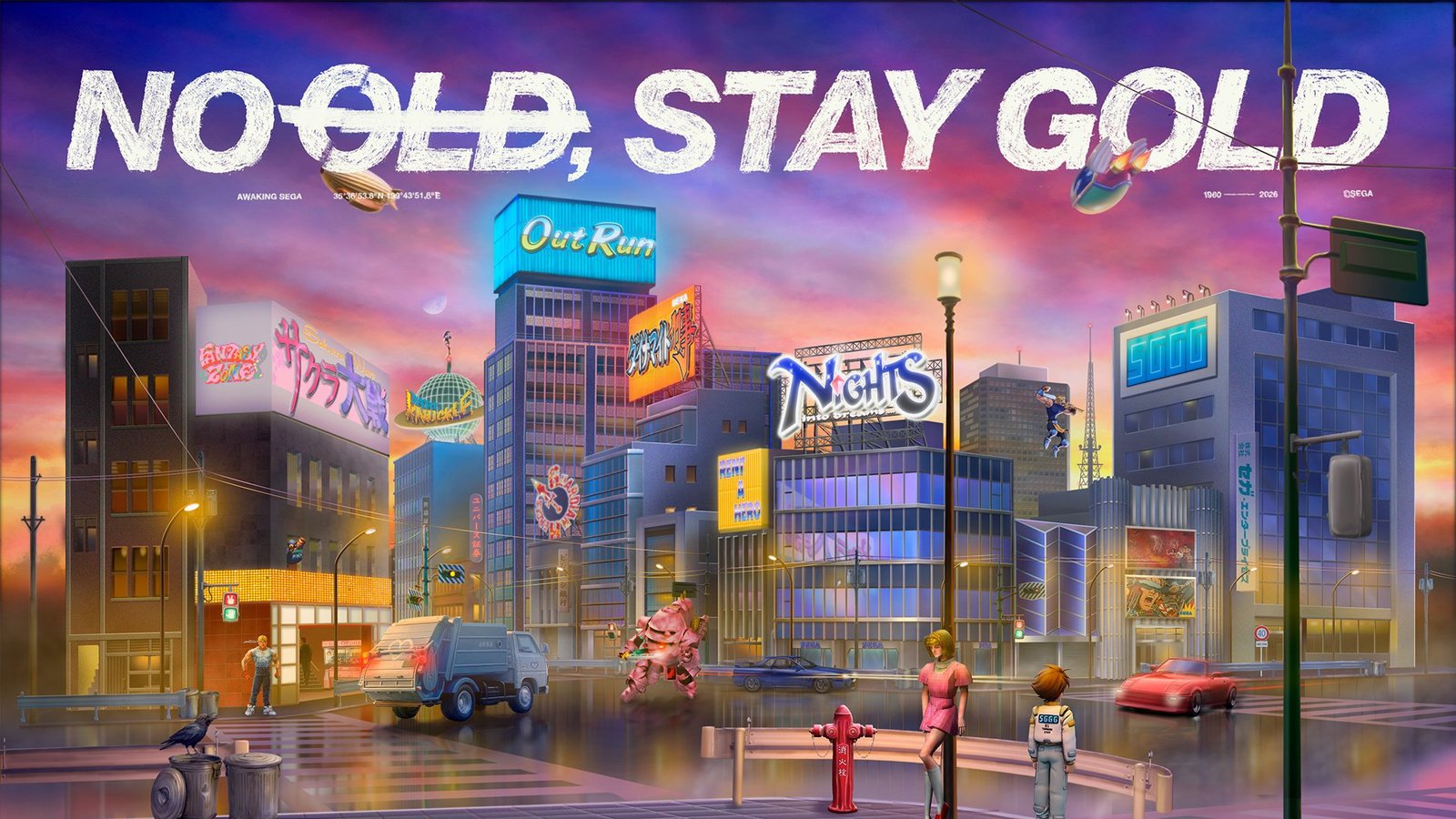 Official key art for the Sega Universe legacy initiative featuring characters and neon signs from Sakura Wars, NiGHTS, and Out Run under the "NO OLD, STAY GOLD" banner.