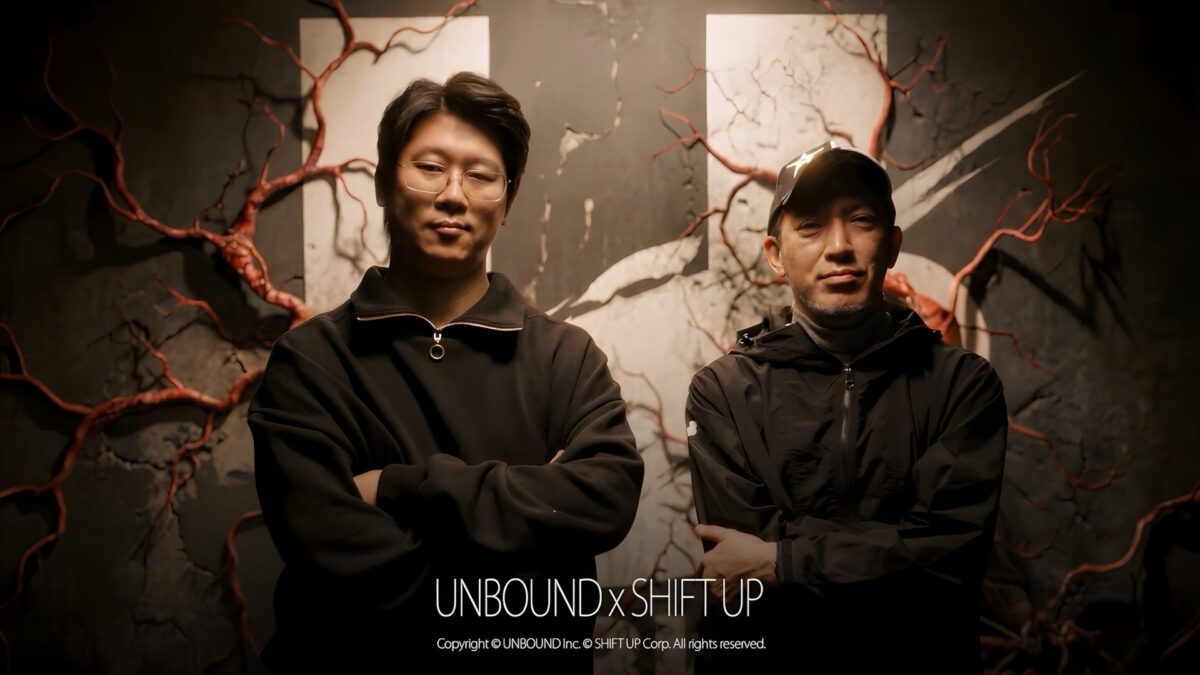 Shift Up Fully Acquires Unbound featuring CEOs Hyung-Tae Kim and Shinji Mikami posing in front of the studio logo after the announcement.