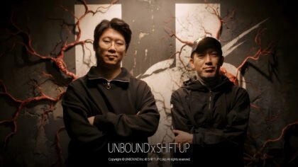 Shift Up Fully Acquires Unbound featuring CEOs Hyung-Tae Kim and Shinji Mikami posing in front of the studio logo after the announcement.