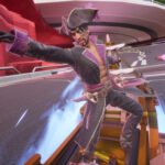 : Goro Majima (Captain Majima) stands dynamically on his vehicle while drifting with a powerful blue boost in Sonic Racing: CrossWorlds.