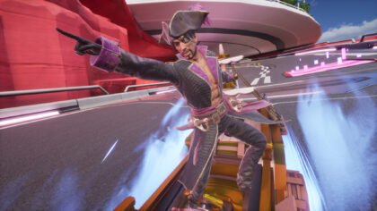 : Goro Majima (Captain Majima) stands dynamically on his vehicle while drifting with a powerful blue boost in Sonic Racing: CrossWorlds.