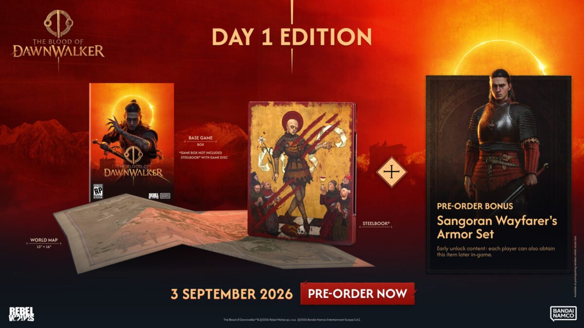The Blood of Dawnwalker release date Day 1 Edition featuring the physical steelbook, the Sangoran map, and the armor set pre-order bonus.