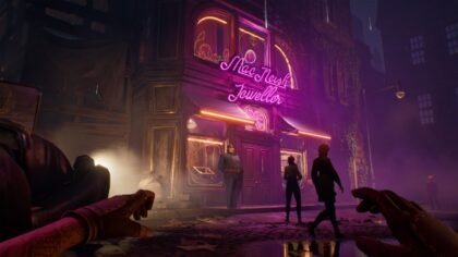 First-person view of Thick as Thieves gameplay featuring a dark street at night with a neon pink MacNeish Jeweller sign and a guard.