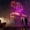 First-person view of Thick as Thieves gameplay featuring a dark street at night with a neon pink MacNeish Jeweller sign and a guard.