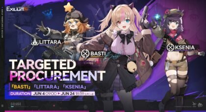 Basti targeted procurement gacha banner showing MK23 alongside Littara and Ksenia from the basti gfl2 guide.