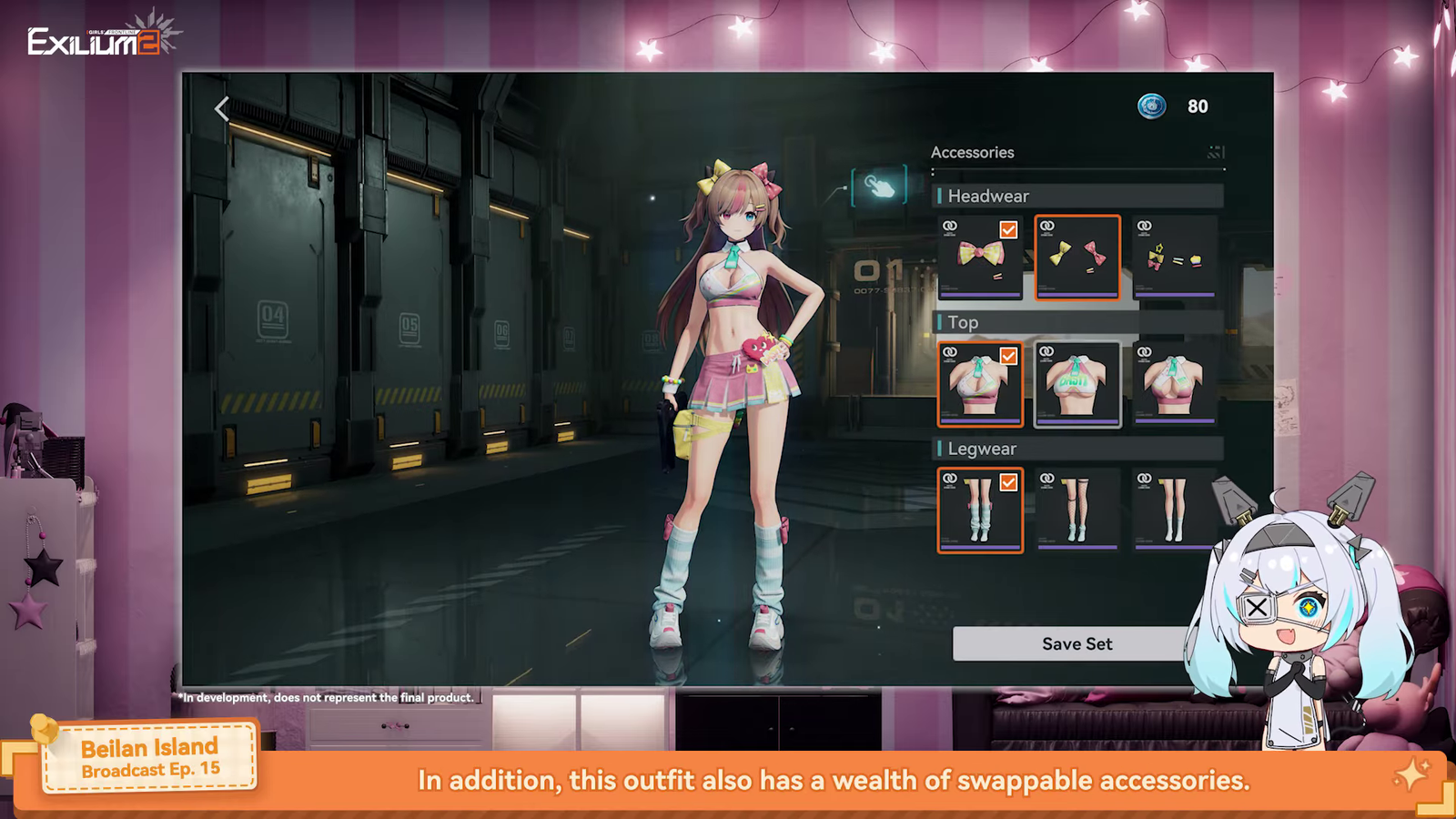 Belian Island Episode 15 UI demonstration showing the swappable accessories for the Peach Soda outfit worn by Basti (MK23).