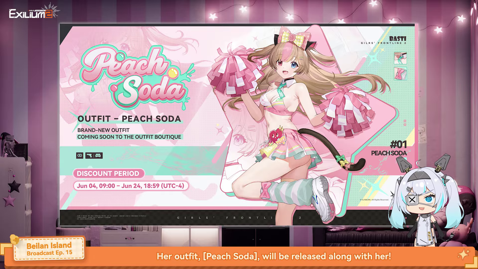 Belian Island Episode 15 promotional banner showcasing the new Peach Soda cheerleader outfit for Basti (MK23).