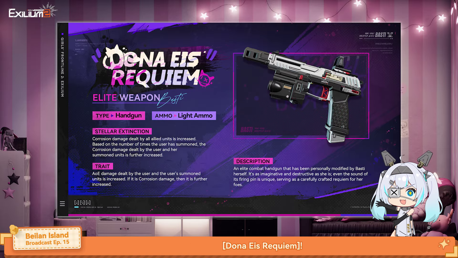 Belian Island Episode 15 overview of the Dona Eis Requiem elite weapon stats for Basti (MK23).