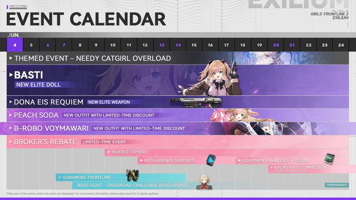 Belian Island Episode 15 visual roadmap outlining the June event calendar and upcoming banners including Basti (MK23).