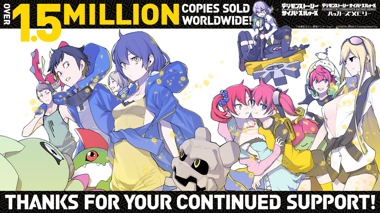 Historical Digimon Story Cyber Sleuth sales infographic celebrating the 1.5 million copies sold milestone from October 2020.