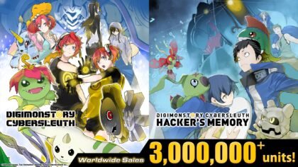 Official Digimon Story Cyber Sleuth sales celebratory infographic displaying the key art for both titles next to a 3 million units milestone marker.