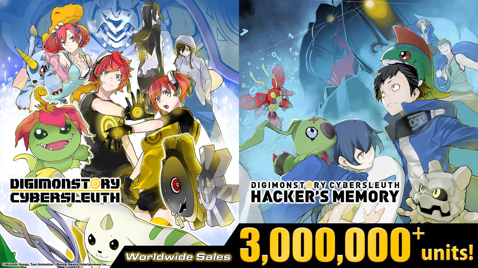 Official Digimon Story Cyber Sleuth sales celebratory infographic displaying the key art for both titles next to a 3 million units milestone marker.