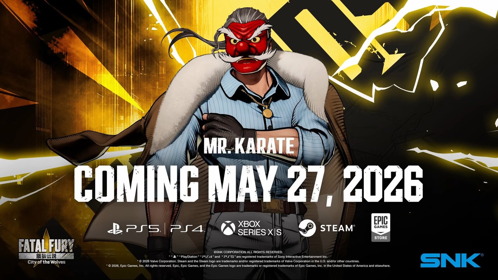Official release date promo banner for the Fatal Fury City of the Wolves Mr Karate DLC.
