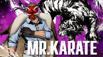 A cinematic close-up of the legendary fighter Mr. Karate in his tengu mask, announced as the next DLC character for Fatal Fury: City of the Wolves Season 2