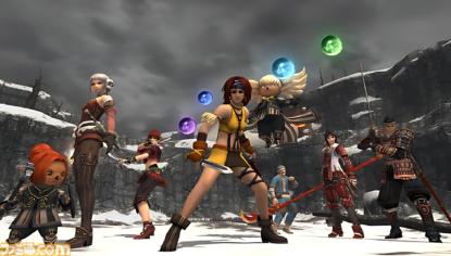 An in-game group shot from the Famitsu interview covering Final Fantasy XI solo play updates across Vana'diel.