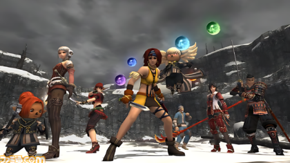 An in-game group shot from the Famitsu interview covering Final Fantasy XI solo play updates across Vana'diel.
