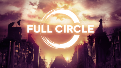 Post-apocalyptic city ruins beneath a burning sky in the key art for Full Circle.