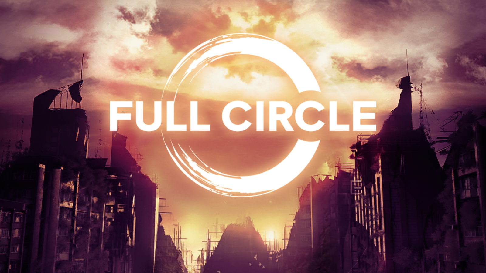 Post-apocalyptic city ruins beneath a burning sky in the key art for Full Circle.