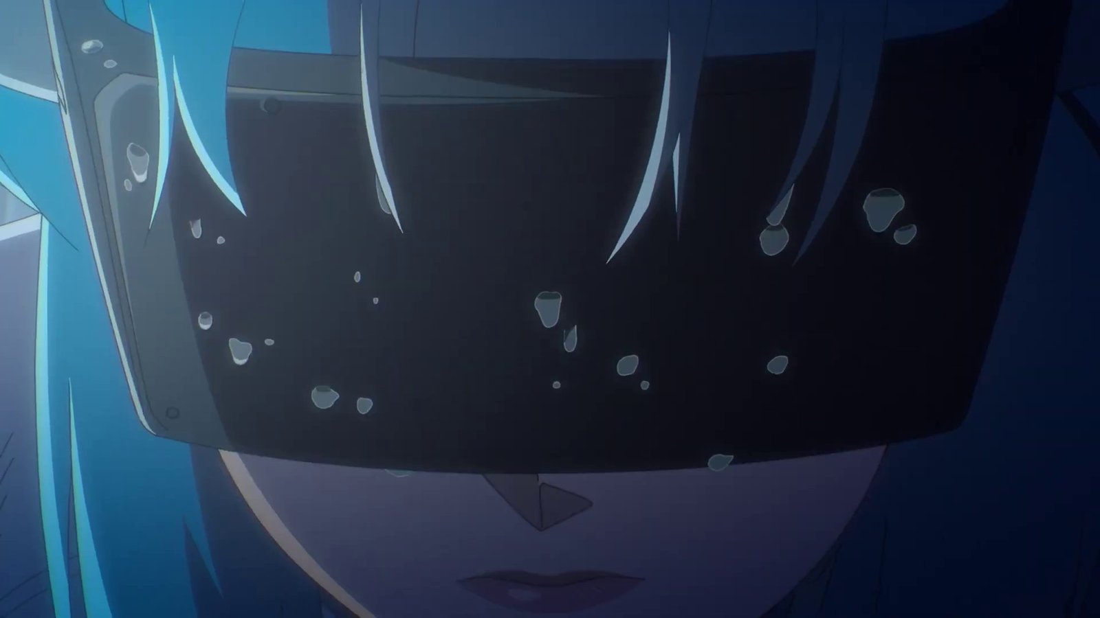 Ghost in the Shell Science SARU Trailer close up of Motoko Kusanagi wearing a high tech visor with water droplets.