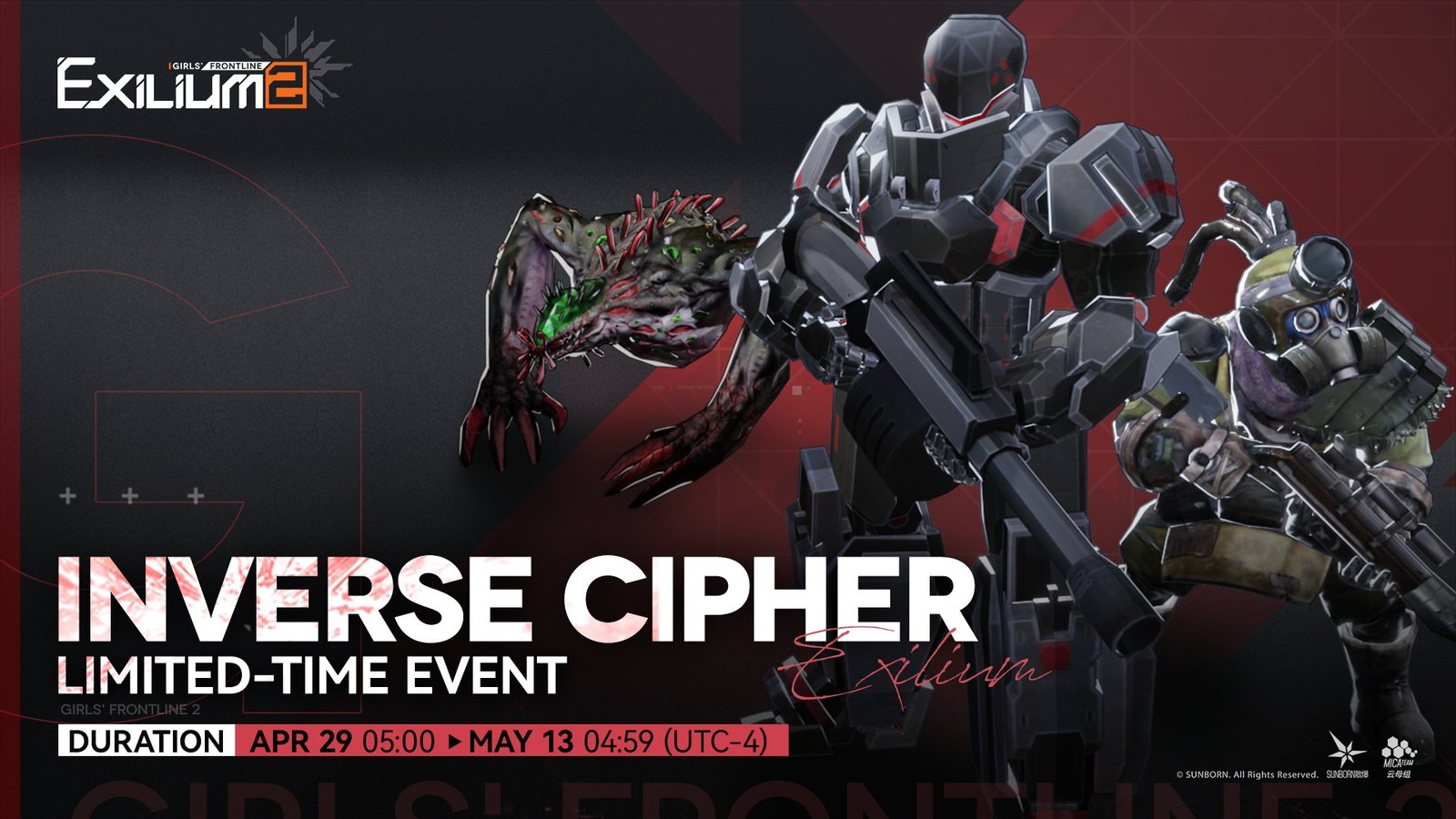 Inverse Cipher Season 12 event announcement for Girls' Frontline 2 Exilium featuring enemy units and official event dates.