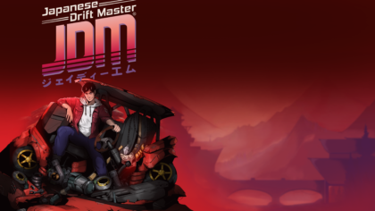 Illustrated manga style title screen for the JDM: Japanese Drift Master physical release showing a character sitting on a car chassis.
