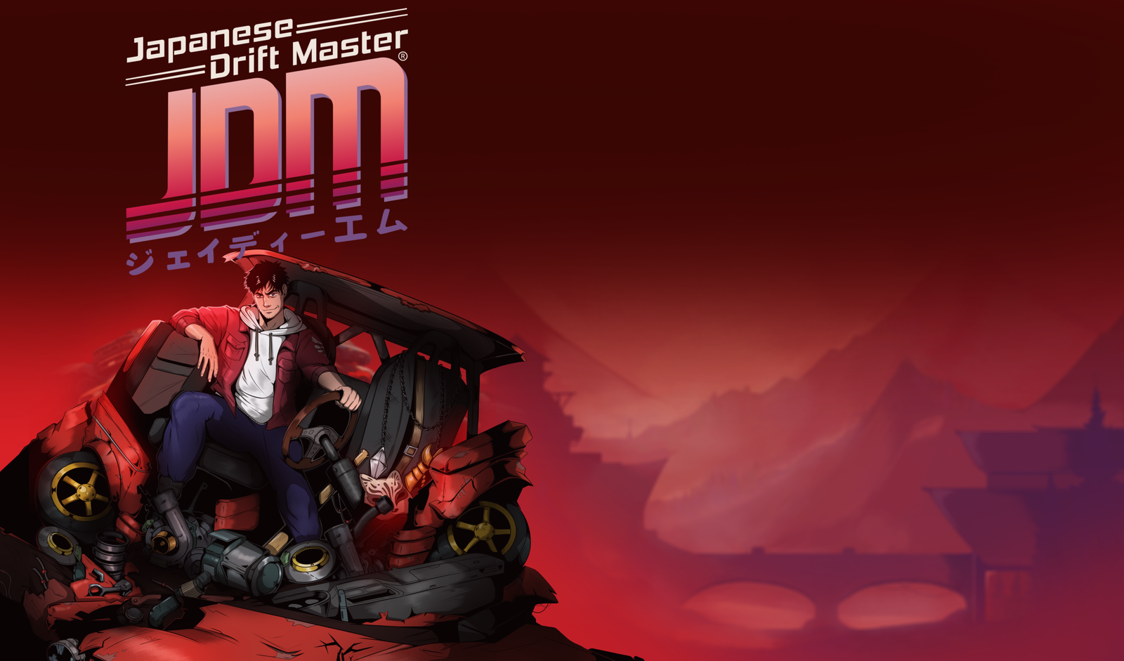 Illustrated manga style title screen for the JDM: Japanese Drift Master physical release showing a character sitting on a car chassis.