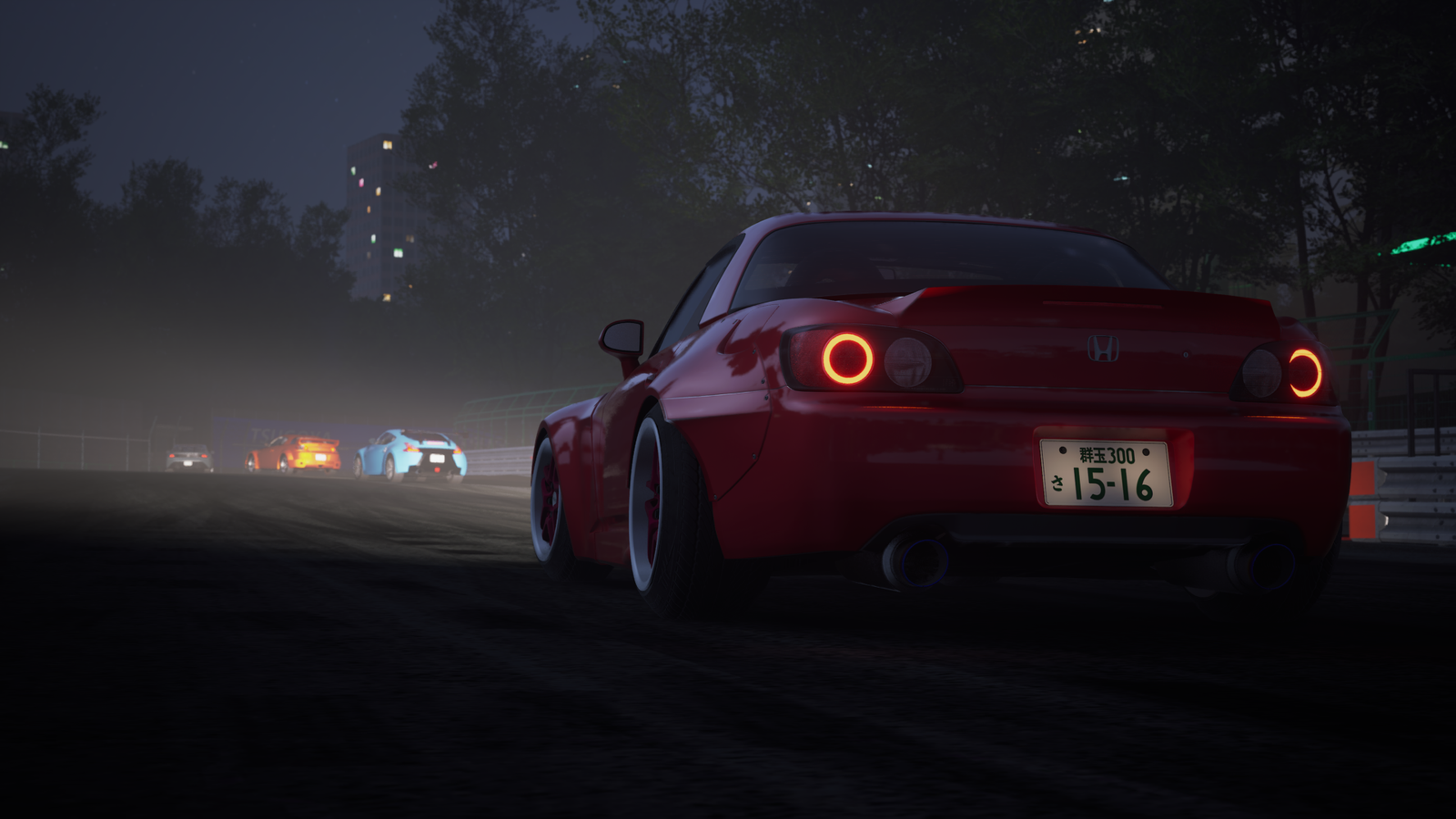 Tail lights of a red sports car racing at night on a misty track during the JDM: Japanese Drift Master physical release.