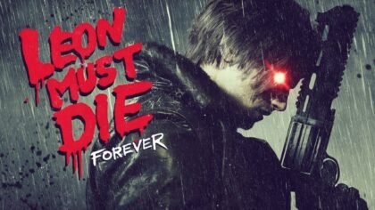 Leon Must Die Mode official key art featuring a gritty, rainy shot of Leon S. Kennedy with a glowing red eye.