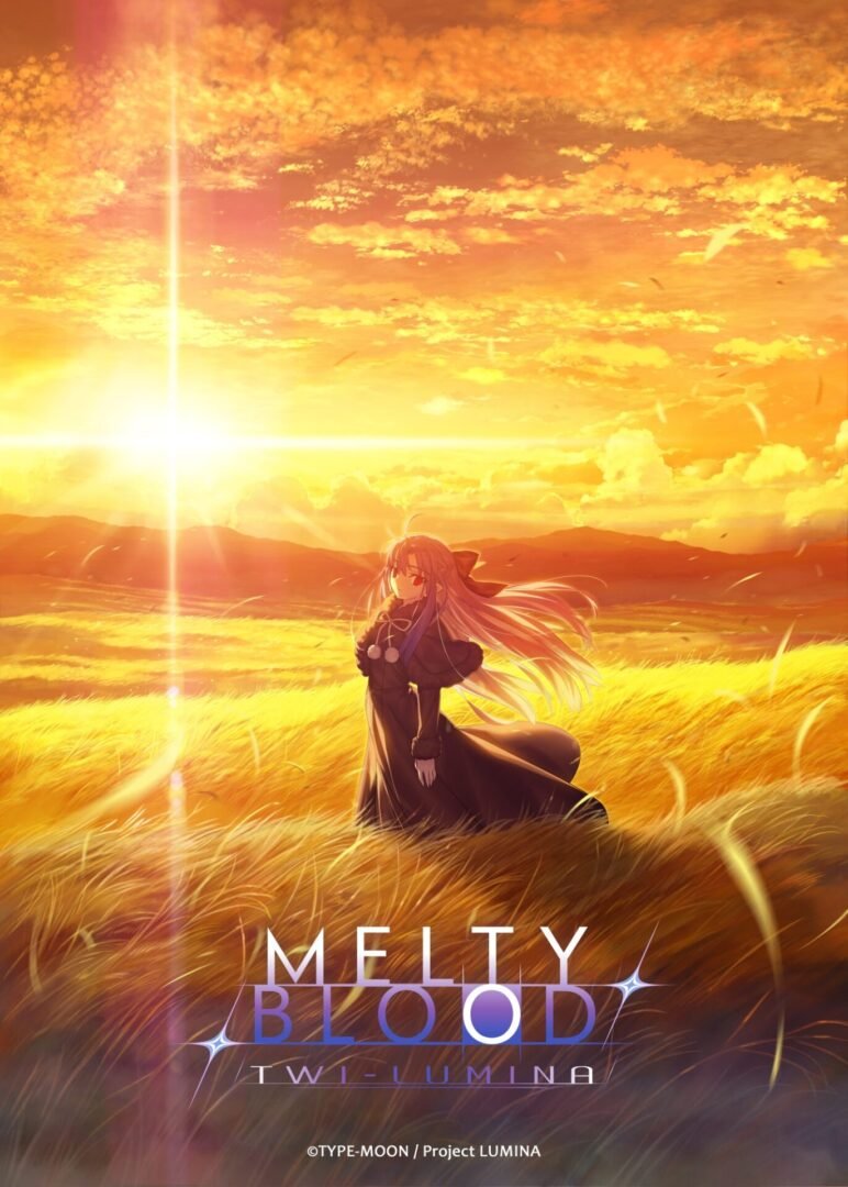 An official Melty Blood: Twi-Lumina Takeuchi illustration in portrait orientation, showing a character with long pink hair and red eyes standing in a golden wheat field during sunset.