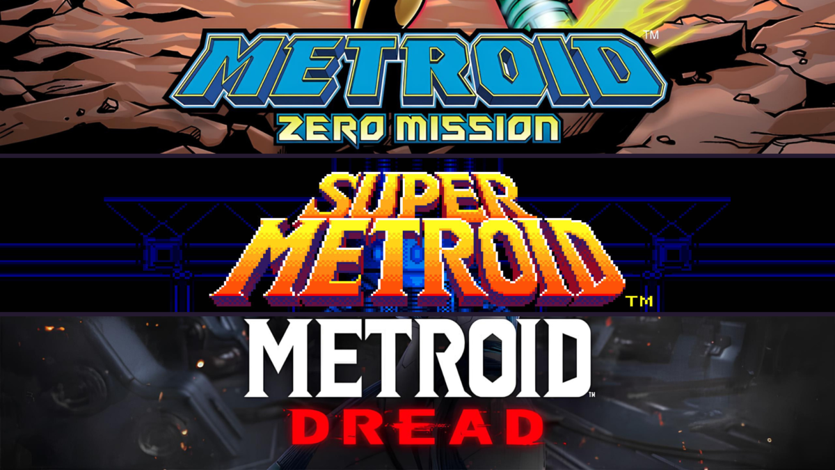Stacked title logos of Metroid Zero Mission, Super Metroid, and Metroid Dread demonstrating the structural evolution of the franchise.