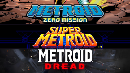 Stacked title logos of Metroid Zero Mission, Super Metroid, and Metroid Dread demonstrating the structural evolution of the franchise.