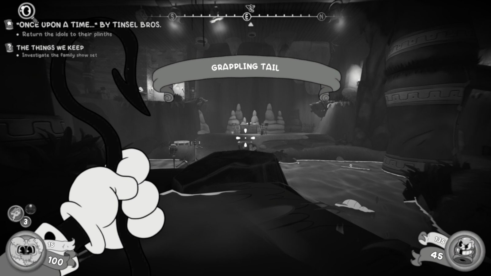 First-person view of the Grappling Tail traversal tool in MOUSE: P.I. For Hire.