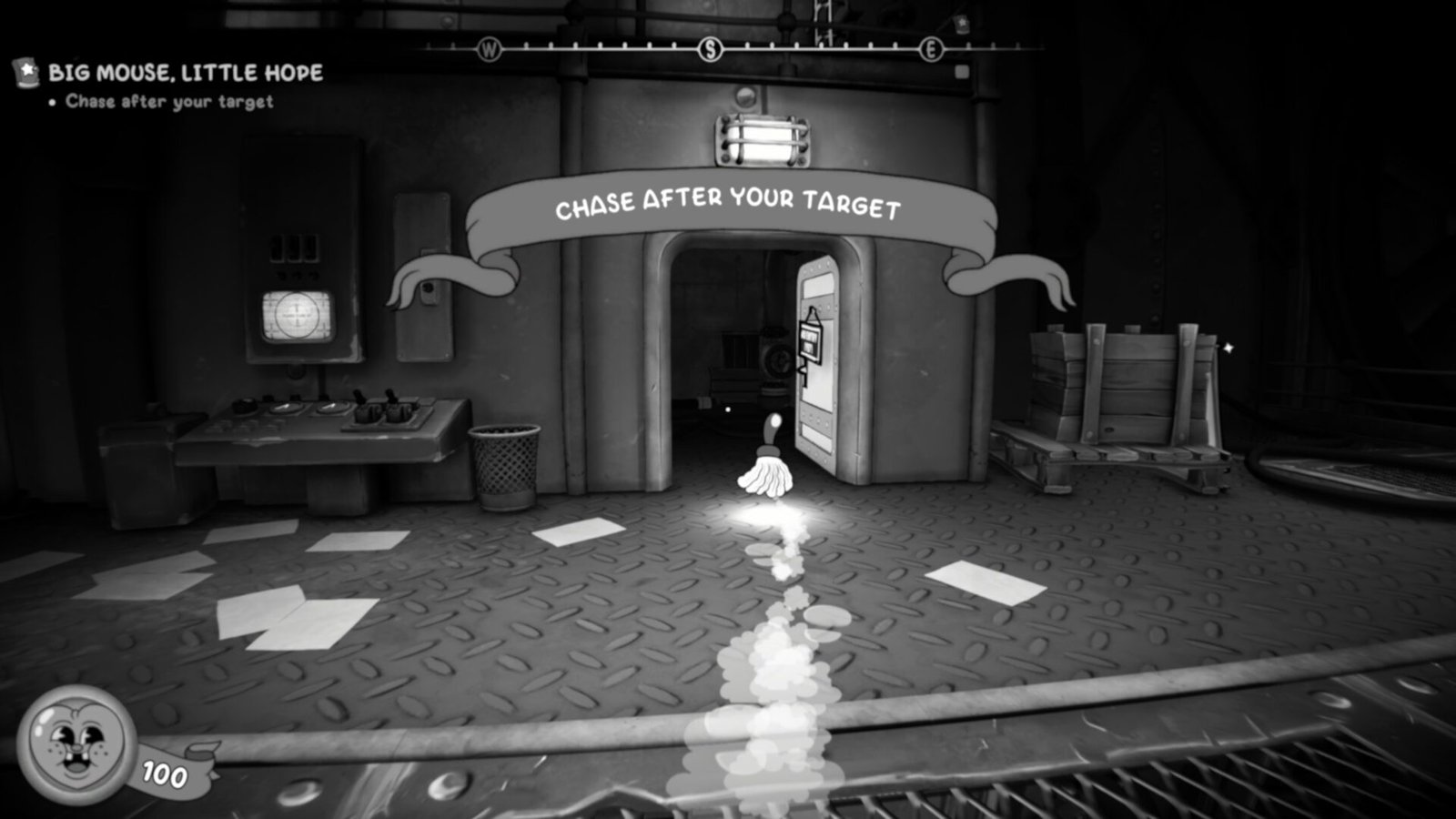 MOUSE: P.I. For Hire first-person view using the animated brush tool to track a target across a metal floor.