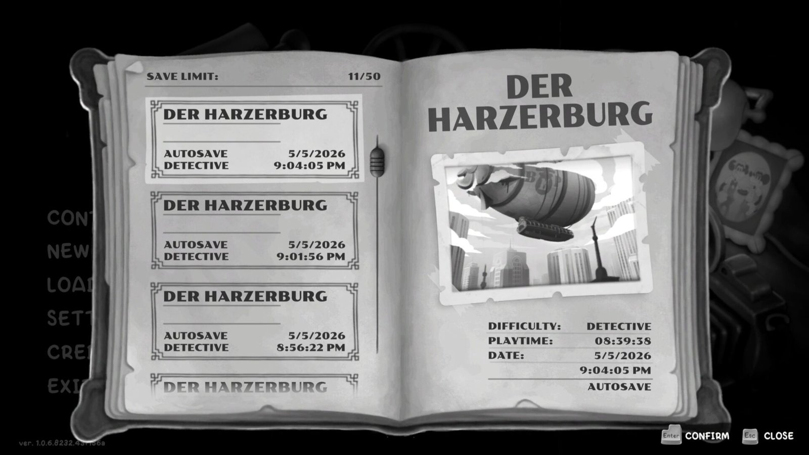 Our MOUSE: P.I. For Hire Review's save menu book interface showing the Der Harzerburg chapter and playtime.