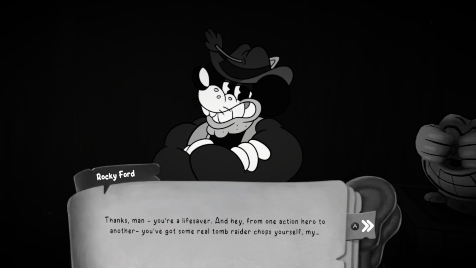Dialogue screen in MOUSE: P.I. For Hire featuring the character Rocky Ford making a Tomb Raider reference.