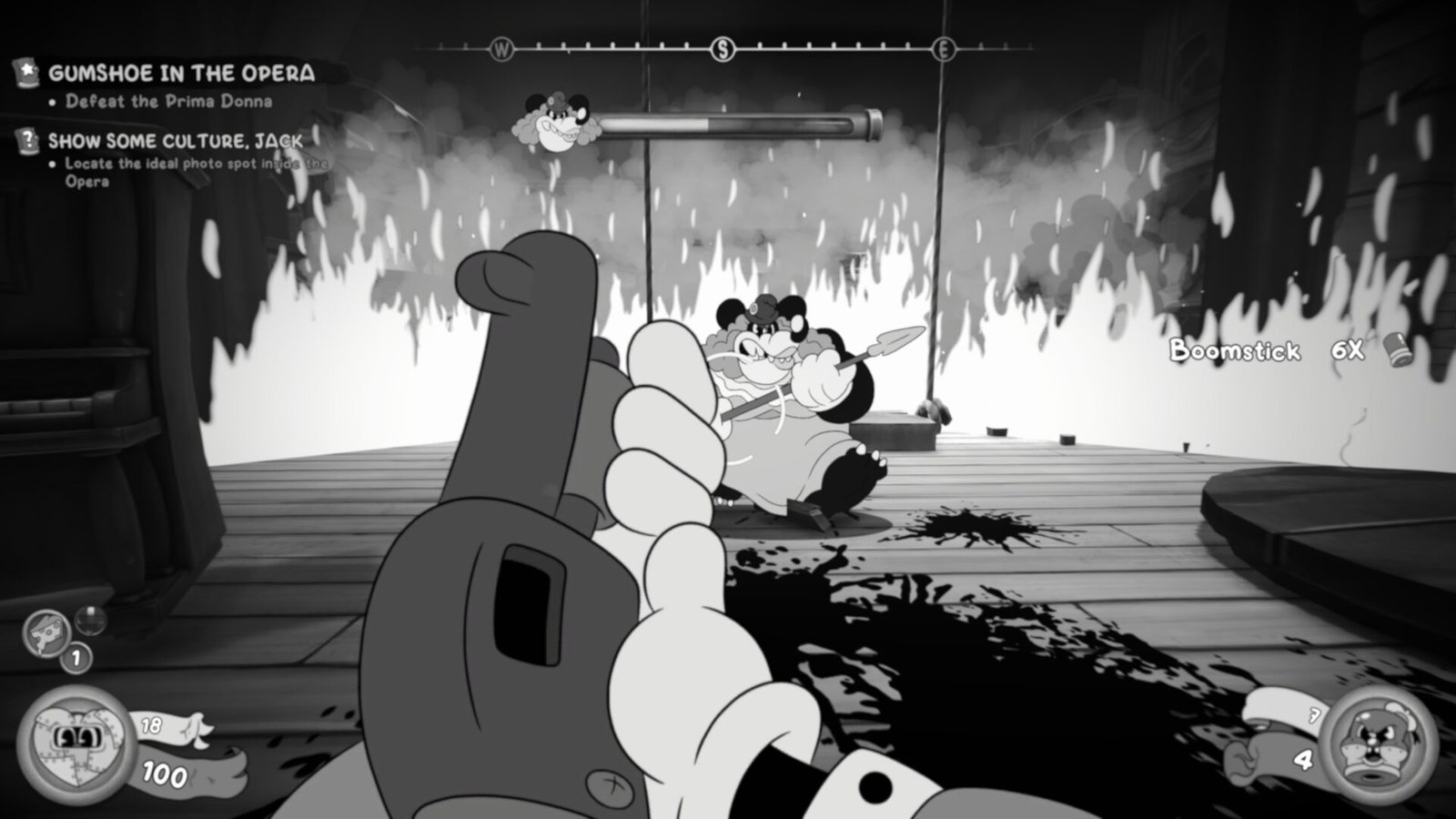 MOUSE: P.I. For Hire boss battle showcasing environmental hazards with a massive wall of fire behind the Prima Donna.