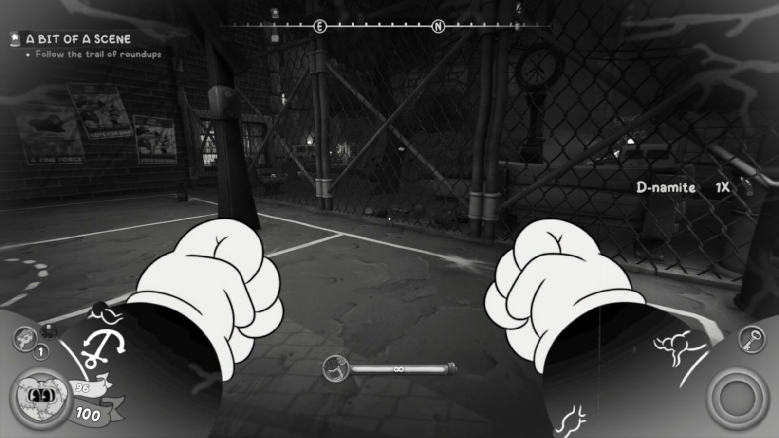 MOUSE: P.I. For Hire gameplay showing Pepper Jack using the spinach power-up for first-person melee combat.