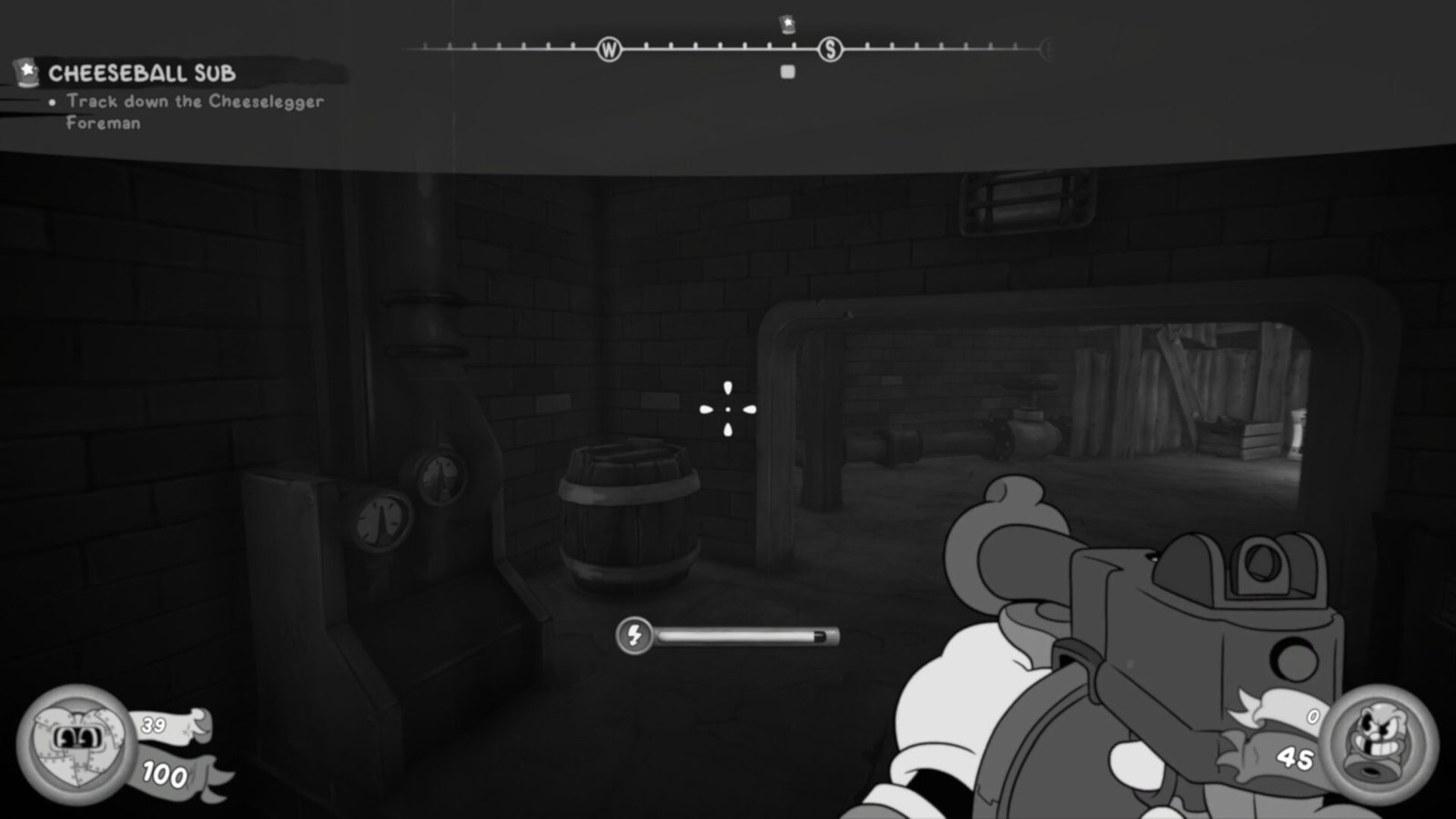MOUSE: P.I. For Hire gameplay showing Pepper Jack wielding a machine gun in a dark industrial basement.