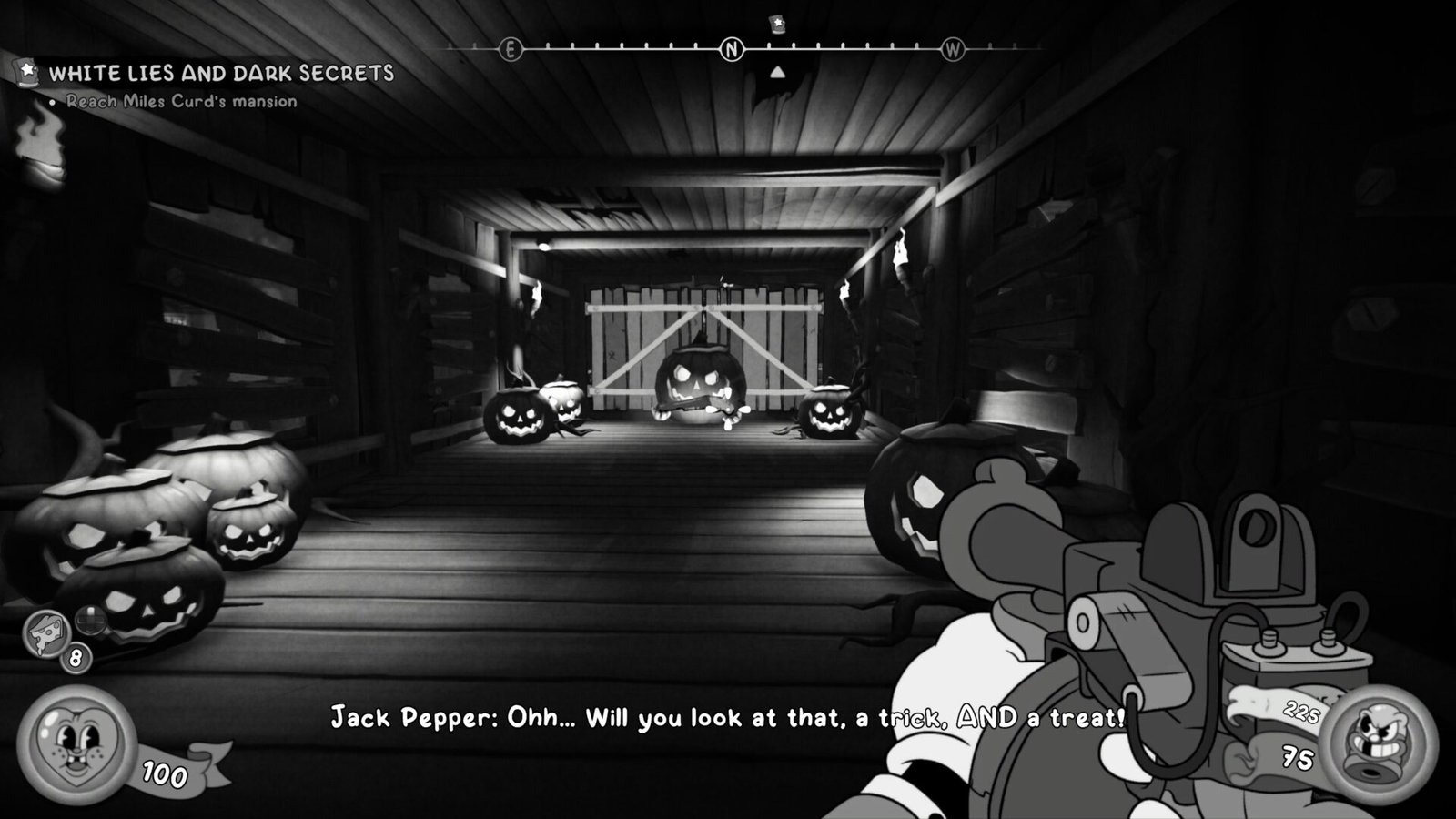 MOUSE: P.I. For Hire first-person view of Pepper Jack examining glowing jack-o-lanterns with a trick and a treat dialogue subtitle.